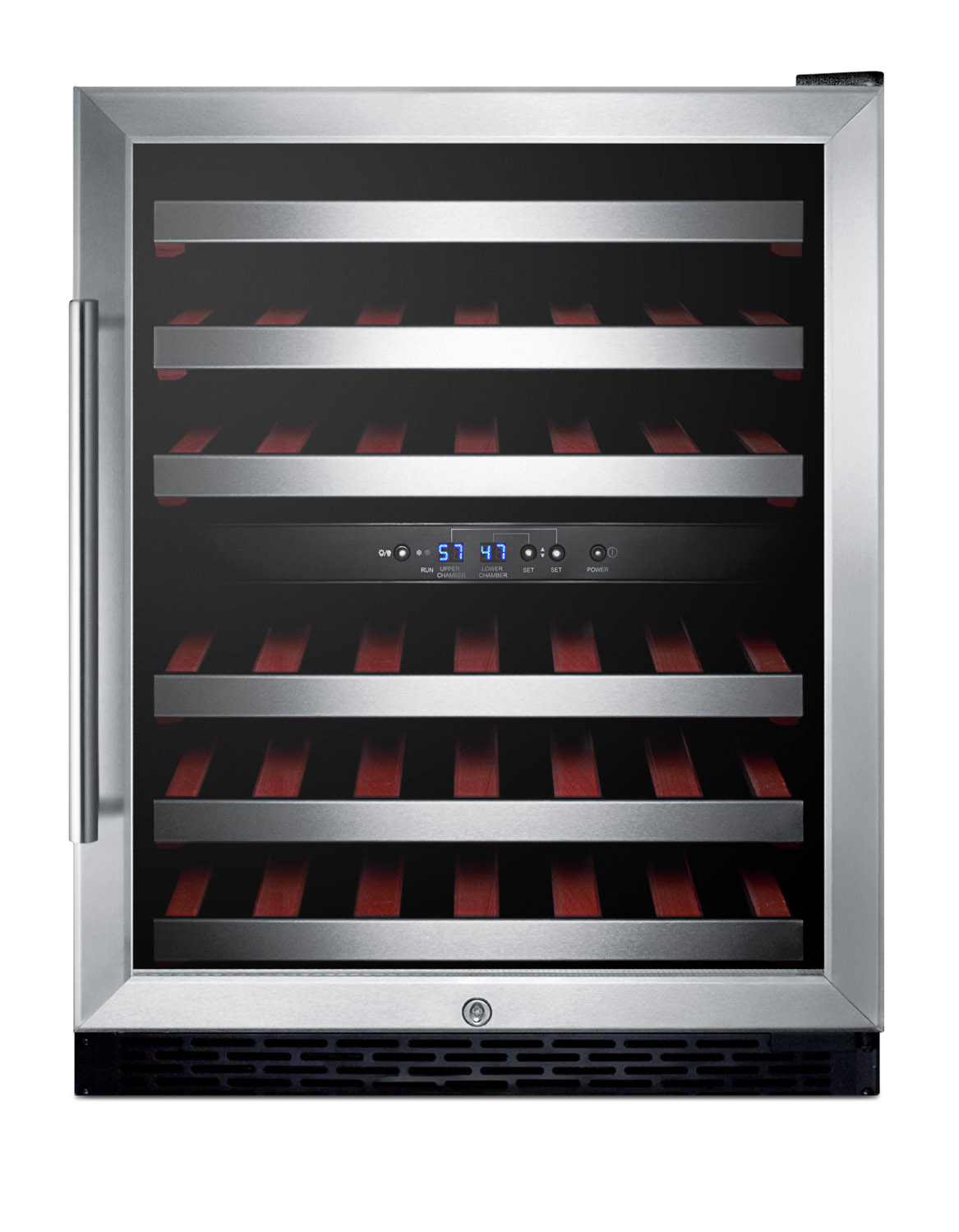 Dual zone built-in commercially approved wine cellar designed for the display and refrigeration of beverages, with digital thermostat, stainless steel trimmed shelves and black cabinet; replaces SWC530LBIST